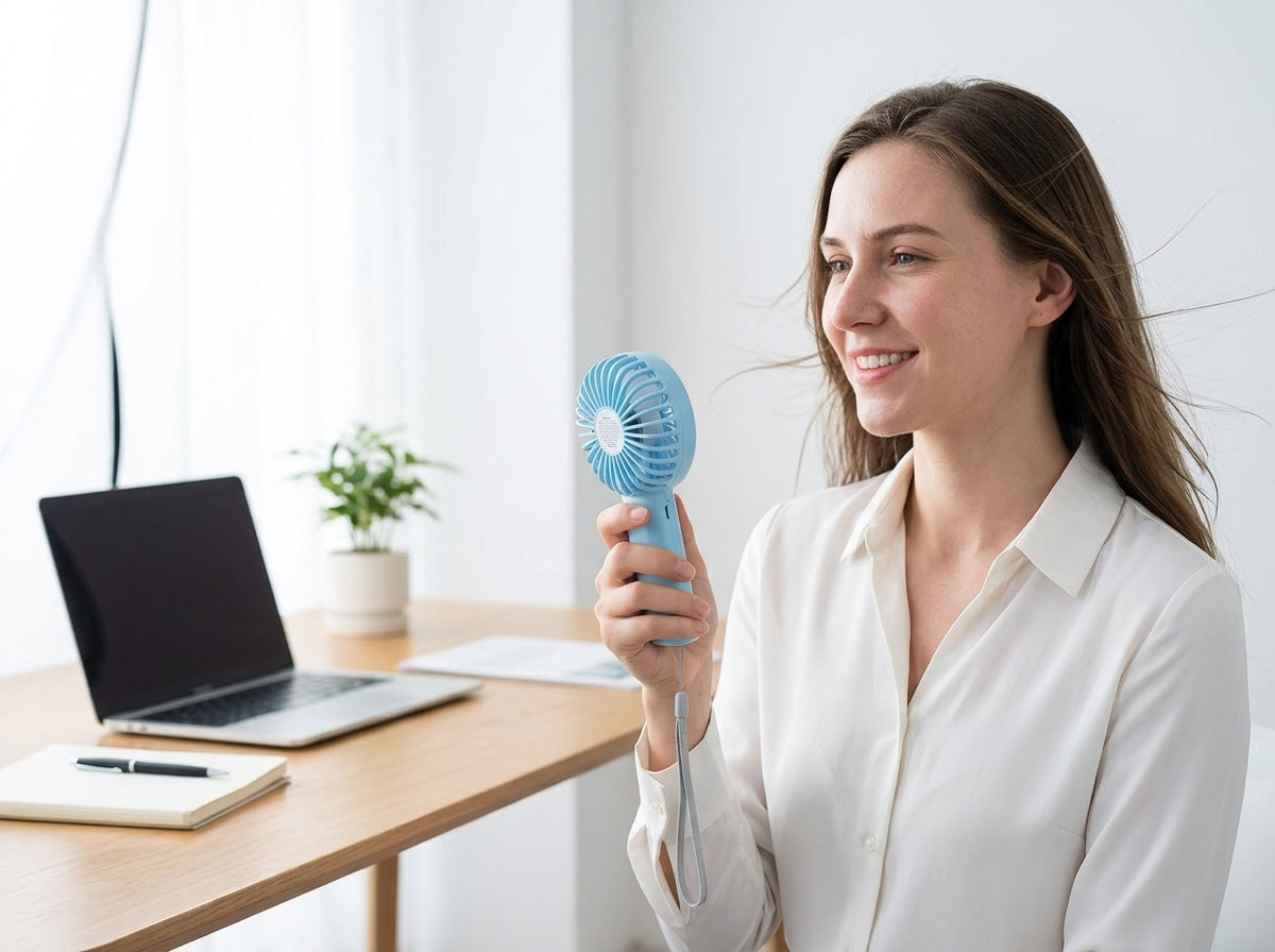 Handheld mini portable fan — Lifestyle - Workspace | Generated by Modelize