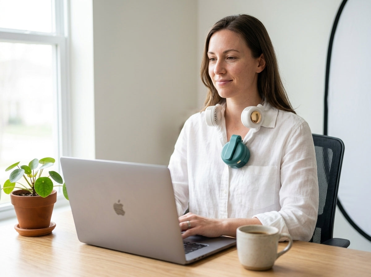 Portable clip-on bladeless fan — Lifestyle - Workspace | Generated by Modelize