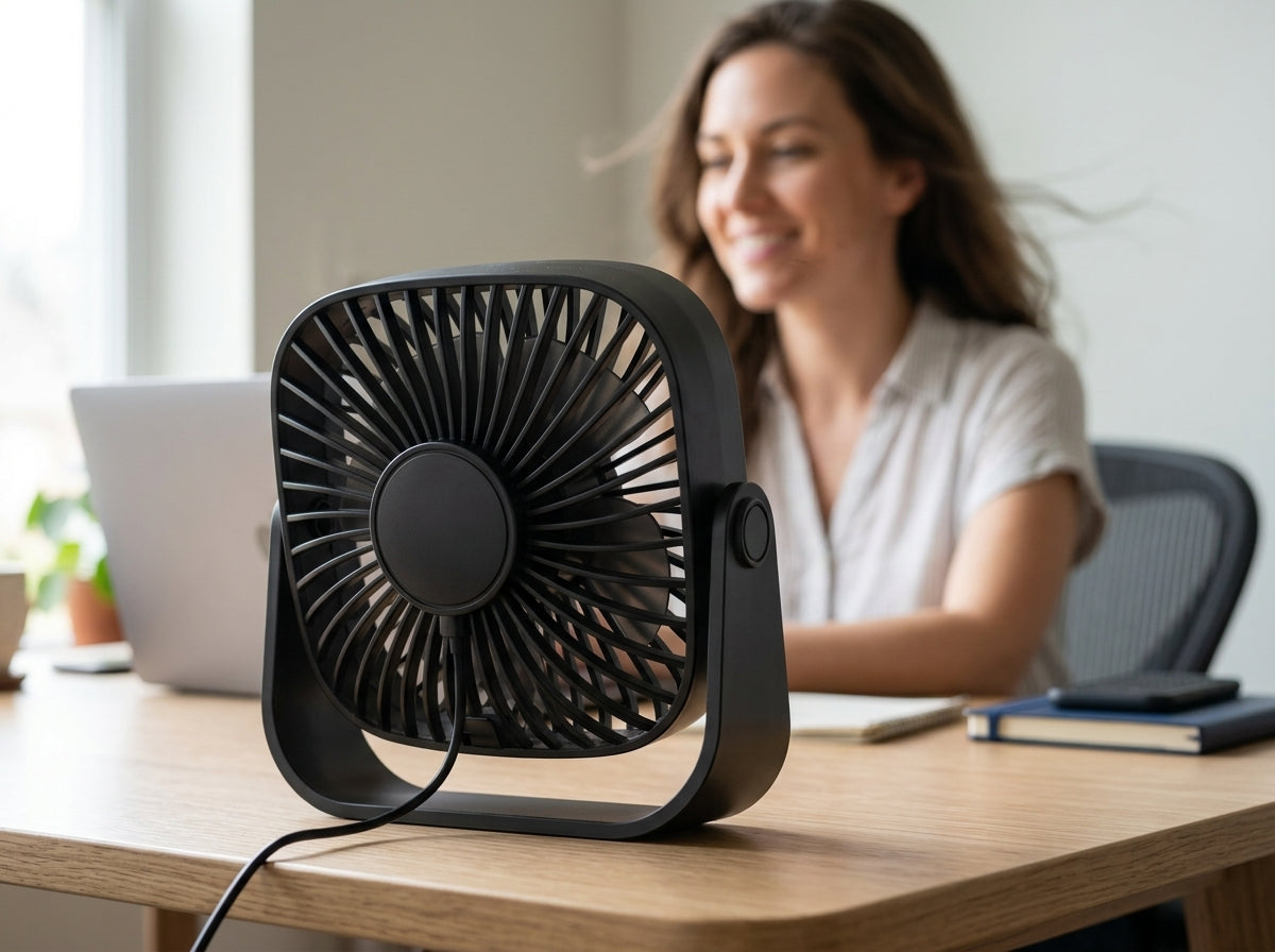 Portable USB Mini Fan — Lifestyle - Workspace | Generated by Modelize