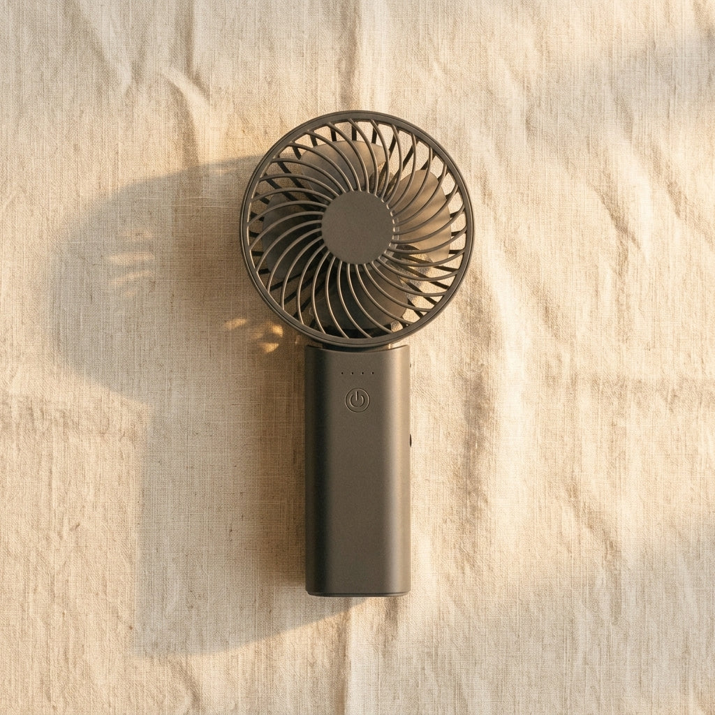 2-in-1 Portable Fan & Power Bank — Summer Travel Flat Lay | Generated by Modelize