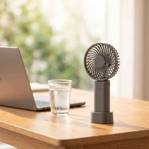 Portable 2-in-1 Handheld Fan and Power Bank — Desktop Cooling Lifestyle | Generated by Modelize