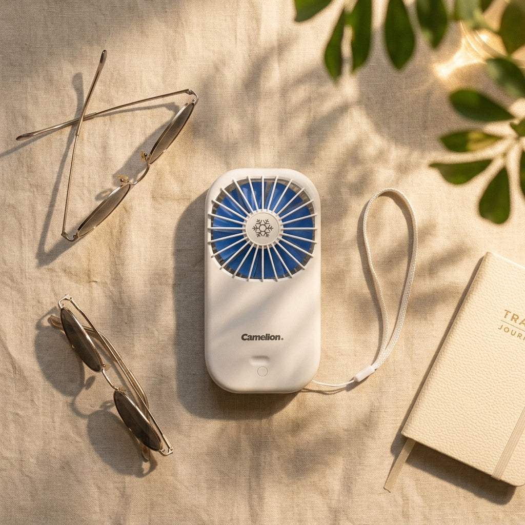 Portable handheld fan with power bank functionality — Travel Ready Flat Lay | Generated by Modelize
