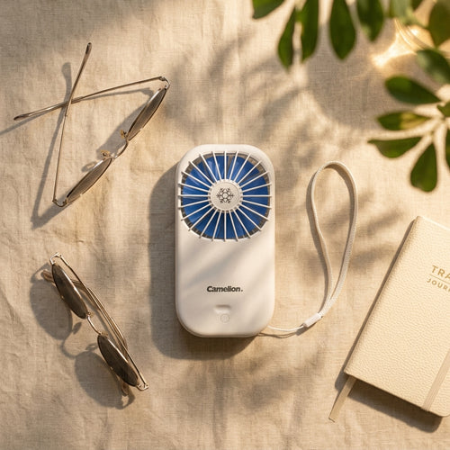 Portable handheld fan with power bank functionality — Travel Ready Flat Lay | Generated by Modelize