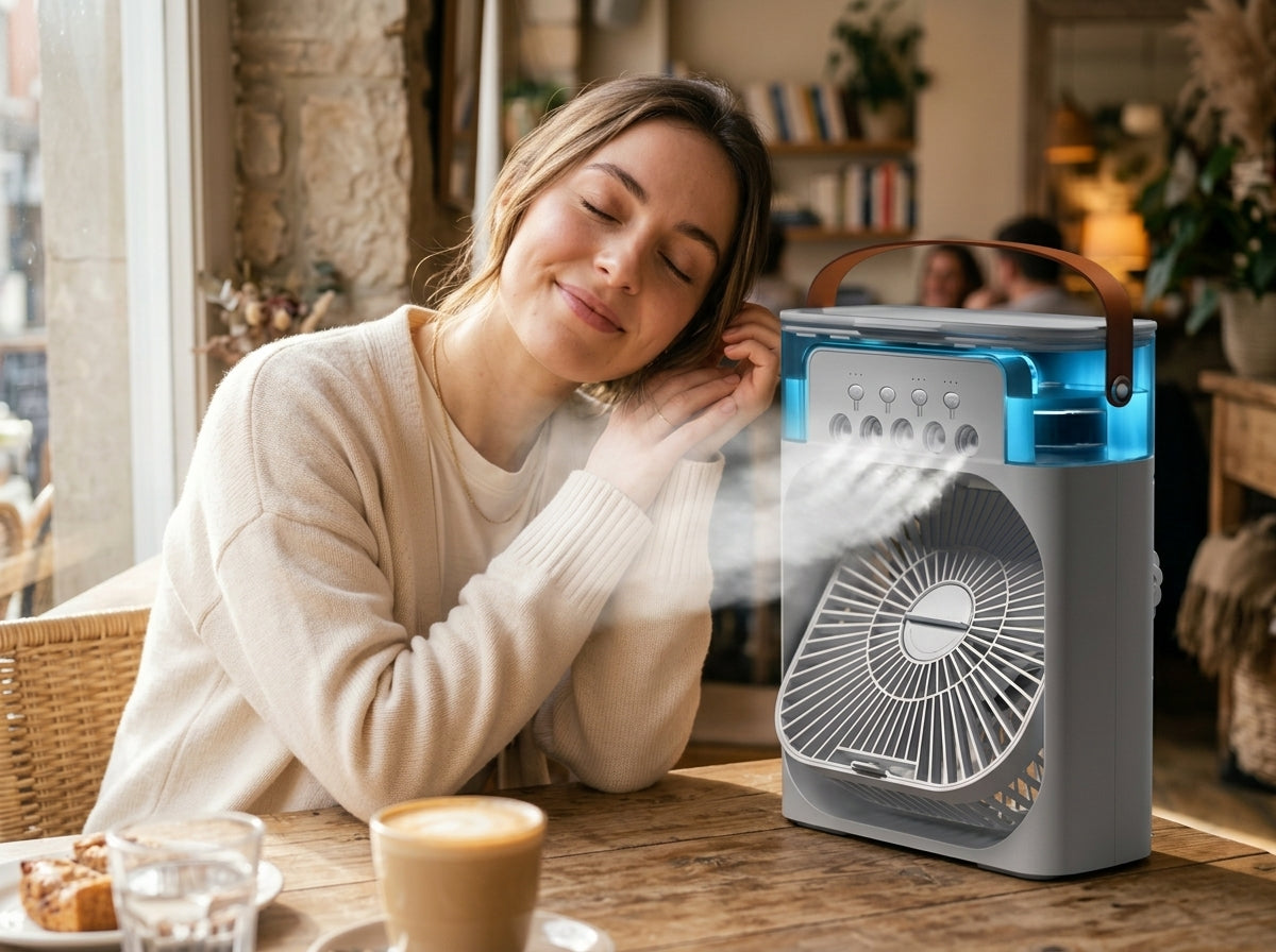 Portable 3-in-1 air cooler and humidifier — Lifestyle - Cafe Outfit | Generated by Modelize