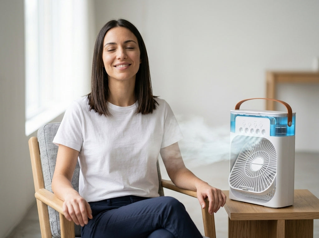 Portable 3-in-1 Air Cooler — On Model - Seated | Generated by Modelize