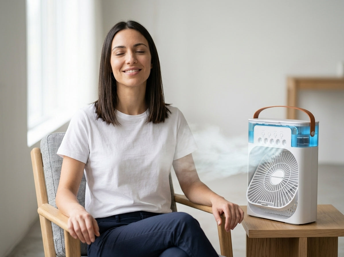 Portable 3-in-1 Air Cooler — On Model - Seated | Generated by Modelize