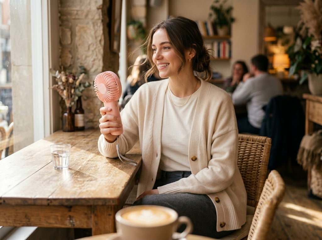 Handheld portable fan — Lifestyle - Cafe Outfit | Generated by Modelize