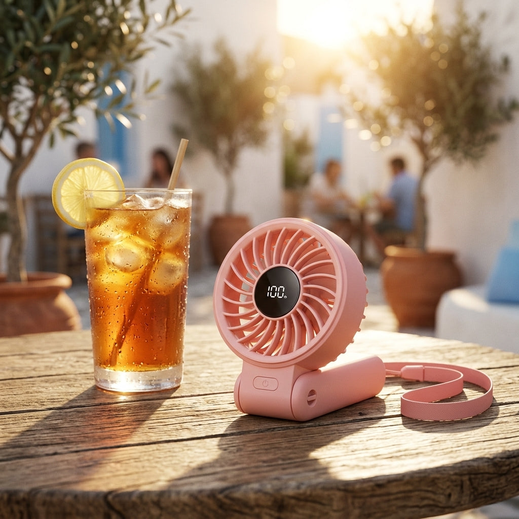 Portable Handheld Fan — Sunset Cafe Lifestyle | Generated by Modelize