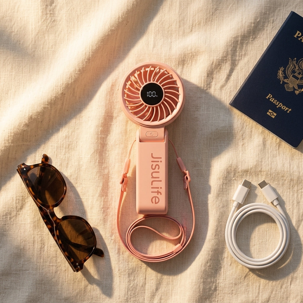 Portable Handheld Fan — Summer Travel Flat Lay | Generated by Modelize