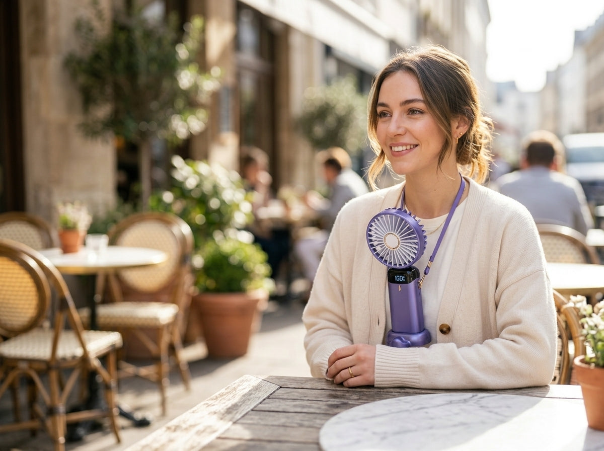 Portable handheld and neck-hanging fan — Lifestyle - Cafe Outfit | Generated by Modelize