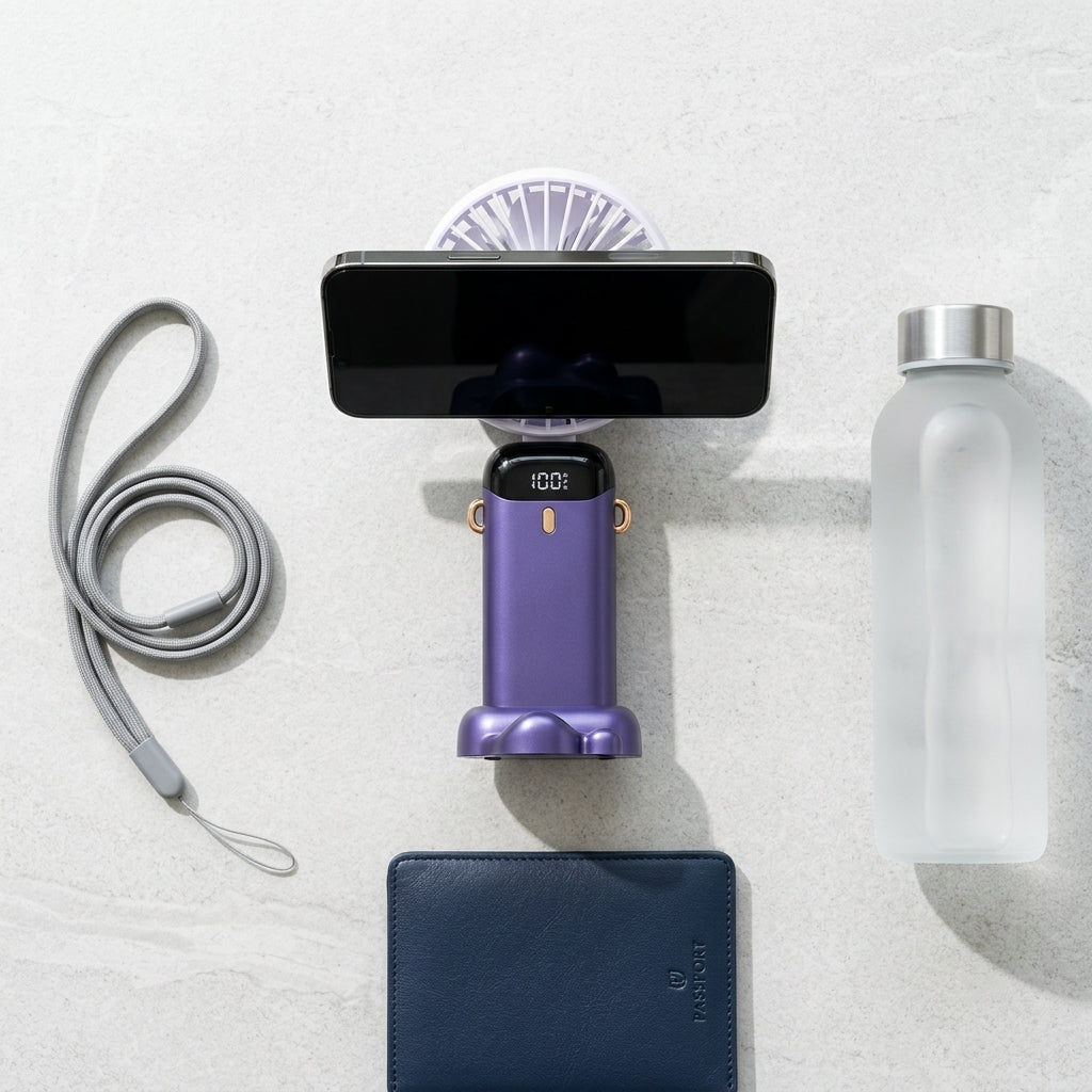 Portable Handheld/Neck Fan — Flat Lay - Styled | Generated by Modelize