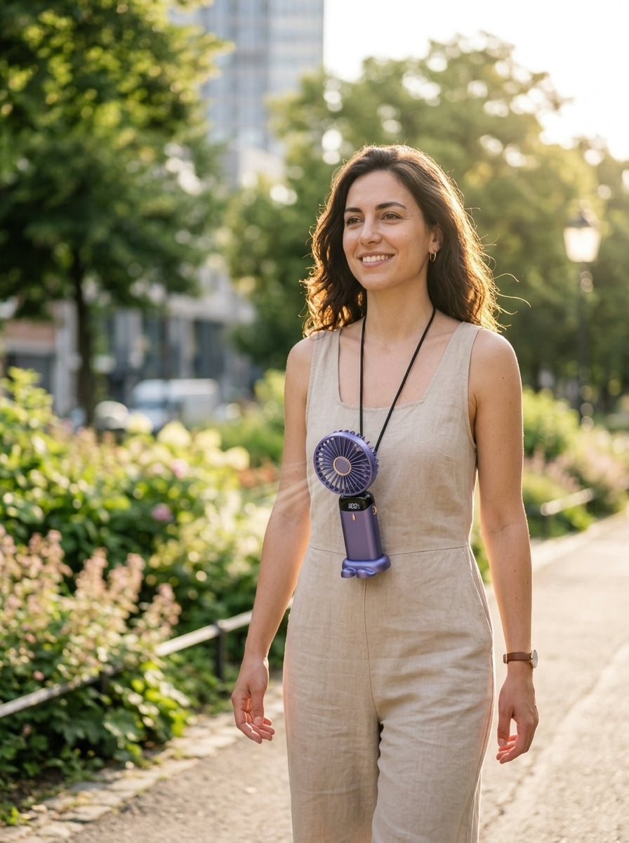 Portable Foldable Handheld/Neck Fan — On Model - Outdoor | Generated by Modelize