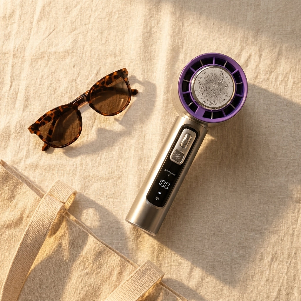 Handheld Turbo Fan — Summer Travel Flat Lay | Generated by Modelize