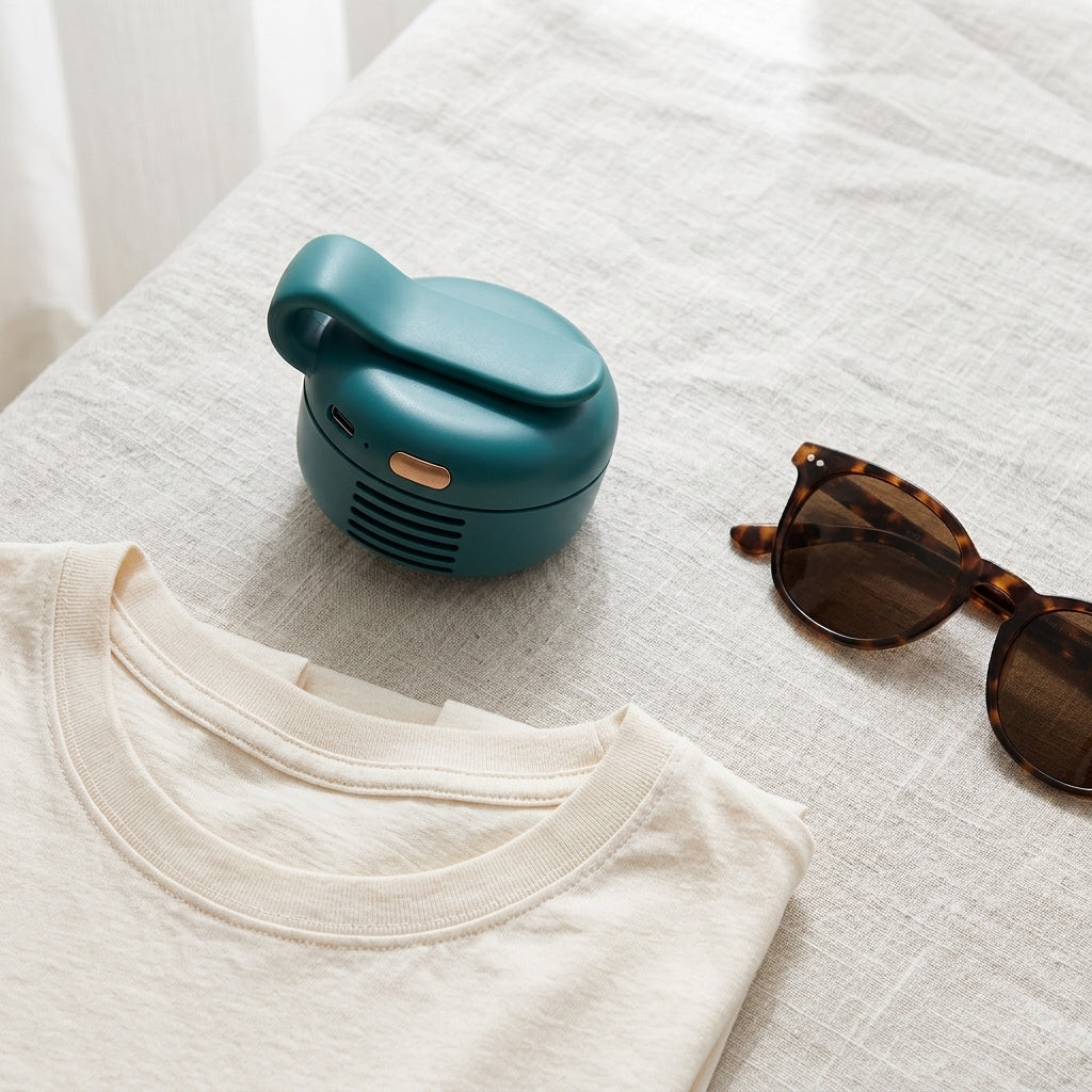 Portable clip-on bladeless fan — Flat Lay - Styled | Generated by Modelize