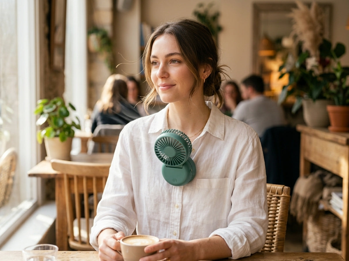 Portable clip-on bladeless fan — Lifestyle - Cafe Outfit | Generated by Modelize