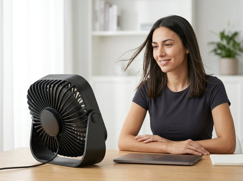 Portable USB Mini Fan — On Model - Seated | Generated by Modelize
