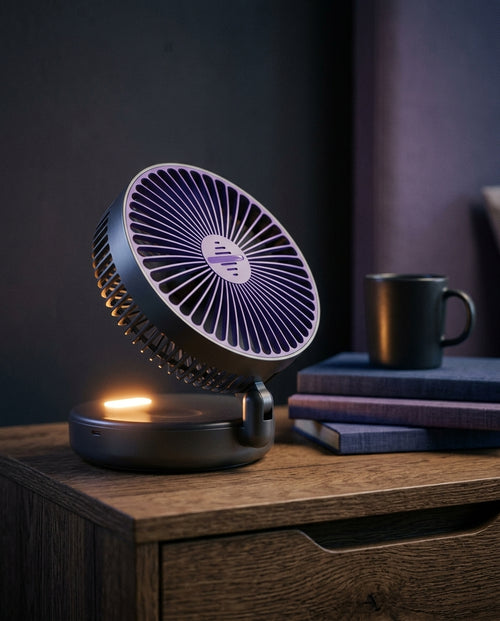 USB Foldable Desktop Fan with LED — Cozy Nightstand Lifestyle | Generated by Modelize
